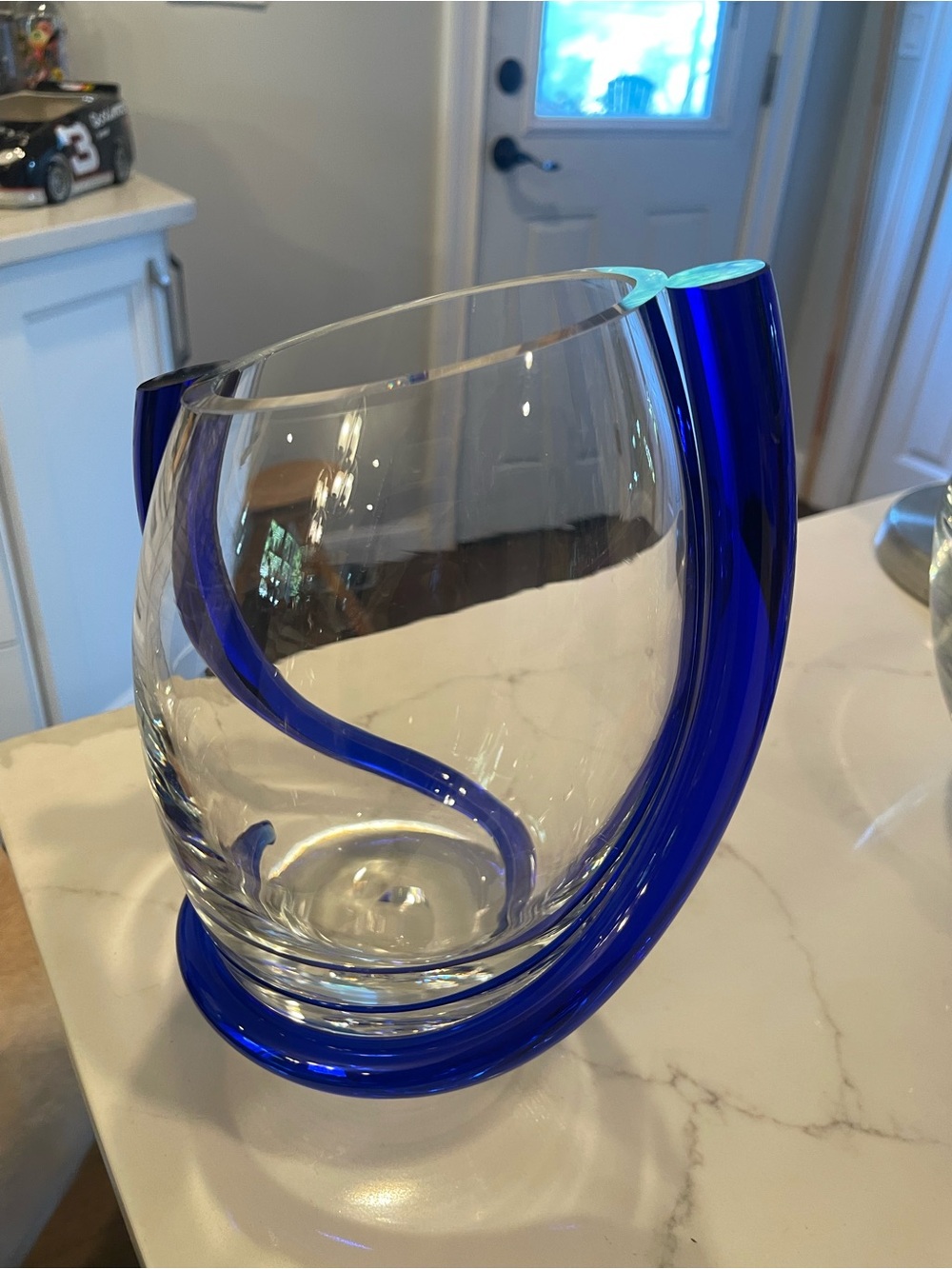 Contemporary Clear Glass Vase with Cobalt Blue Accent by Barski